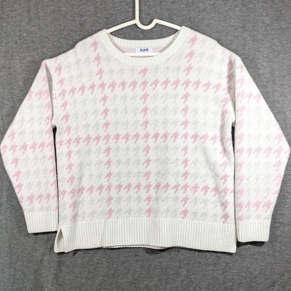 525 Womens Houndstooth Crew Neck Sweater Pink Green White Metallic Large L